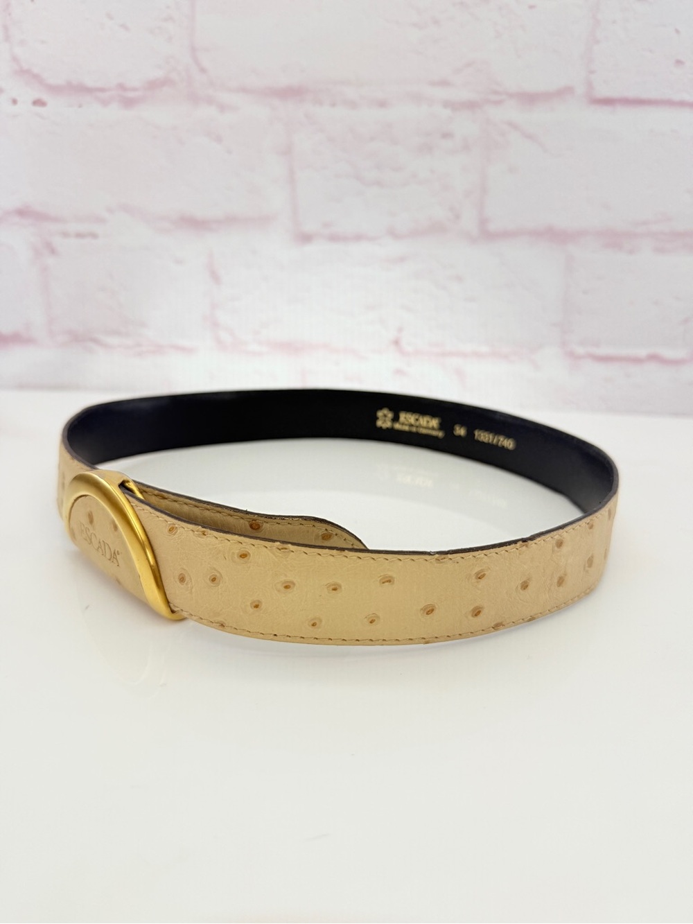 Escada Beige Ostrich-Texture Leather Belt with Gold-Tone Buckle Small - Picture 2 of 9